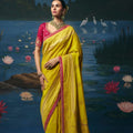 Vibrant Lime Yellow Dola Silk Saree with Handwork Cut Dana Beads Work for Women