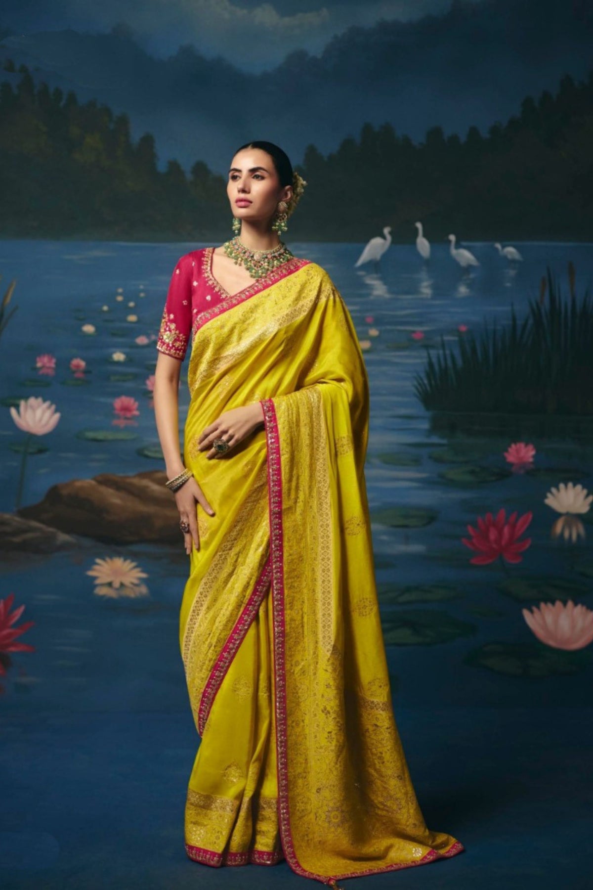Vibrant Lime Yellow Dola Silk Saree with Handwork Cut Dana Beads Work for Women
