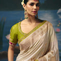 Elegant Beige Dola Silk Saree with Handwork, Cut Dana, Beads Work for Women