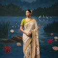 Elegant Beige Dola Silk Saree with Handwork, Cut Dana, Beads Work for Women