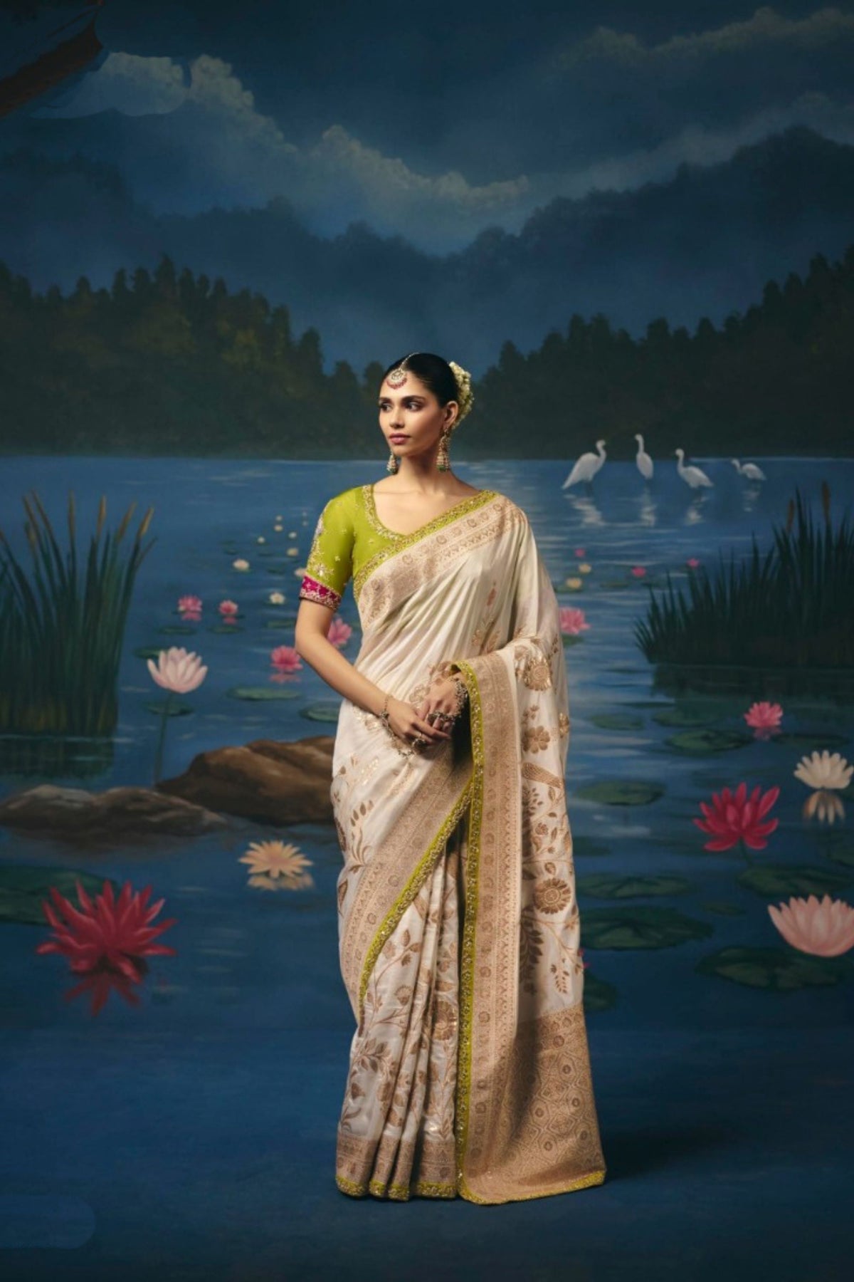 Elegant Beige Dola Silk Saree with Handwork, Cut Dana, Beads Work for Women