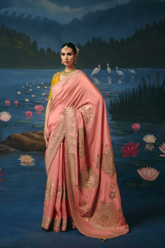 Beautiful Peach Pink Dola Silk Saree with Handwork, Cut Dana, Beads Work for Women