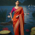 Stylish Orange Dola Silk Saree with Handwork Cut Dana Beads Work for Women