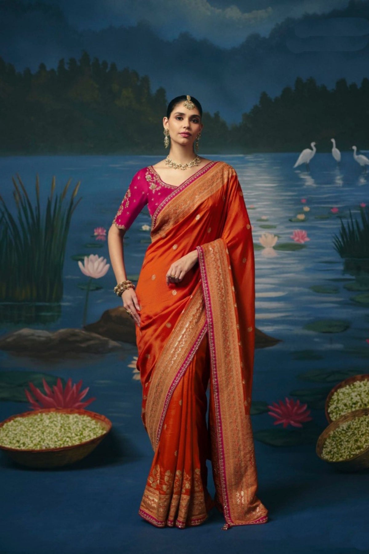 Stylish Orange Dola Silk Saree with Handwork Cut Dana Beads Work for Women