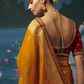 Grateful Mustard Yellow Dola Silk Saree with Handwork Cut Dana Beads Work for Women
