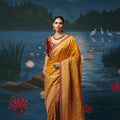 Grateful Mustard Yellow Dola Silk Saree with Handwork Cut Dana Beads Work for Women