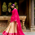 Exquisite Off-White and Pink Kanchipuram Silk Lehenga Choli with Zari Weaving Work