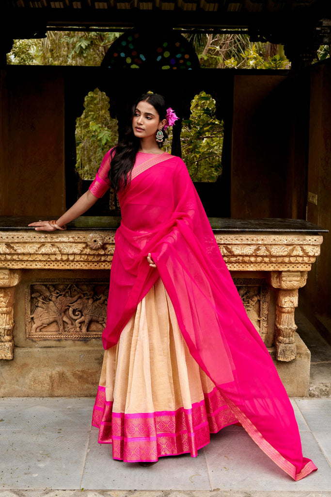 Exquisite Off-White and Pink Kanchipuram Silk Lehenga Choli with Zari Weaving Work