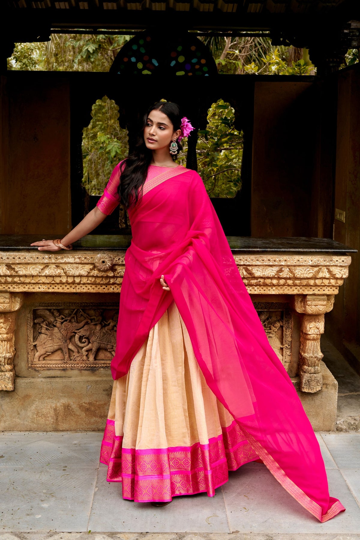 Exquisite Off-White and Pink Kanchipuram Silk Lehenga Choli with Zari Weaving Work
