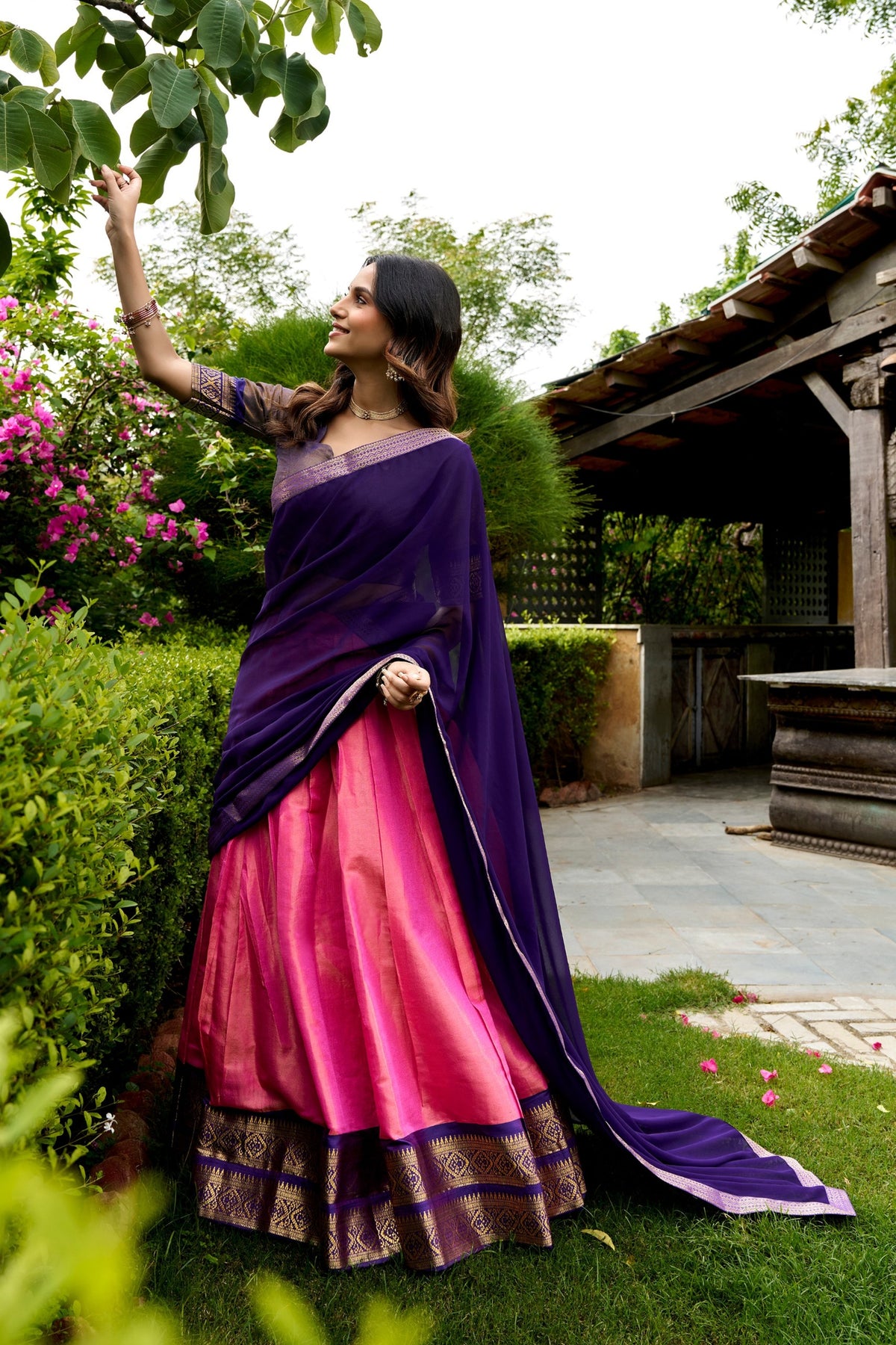 Radiant Pink and Navy Blue Kanchipuram Silk Designer Lehenga Choli with Gold Zari Weaving Work