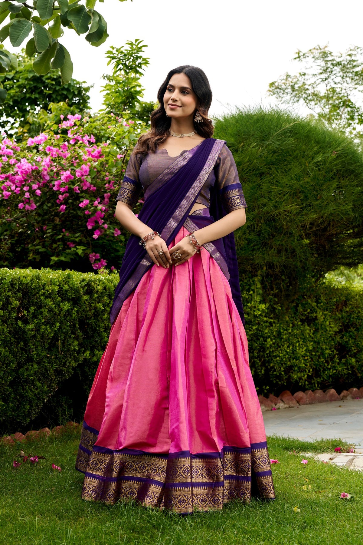 Radiant Pink and Navy Blue Silk Designer Lehenga Choli with Gold Zari Weaving Work