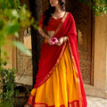 Vibrant Yellow and Red Kanchipuram Silk Designer Lehenga Choli with Gold Zari Weaving Work