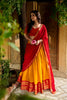 Vibrant Yellow and Red Kanchipuram Silk Designer Lehenga Choli with Gold Zari Weaving Work
