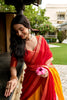 Vibrant Yellow and Red Kanchipuram Silk Designer Lehenga Choli with Gold Zari Weaving Work