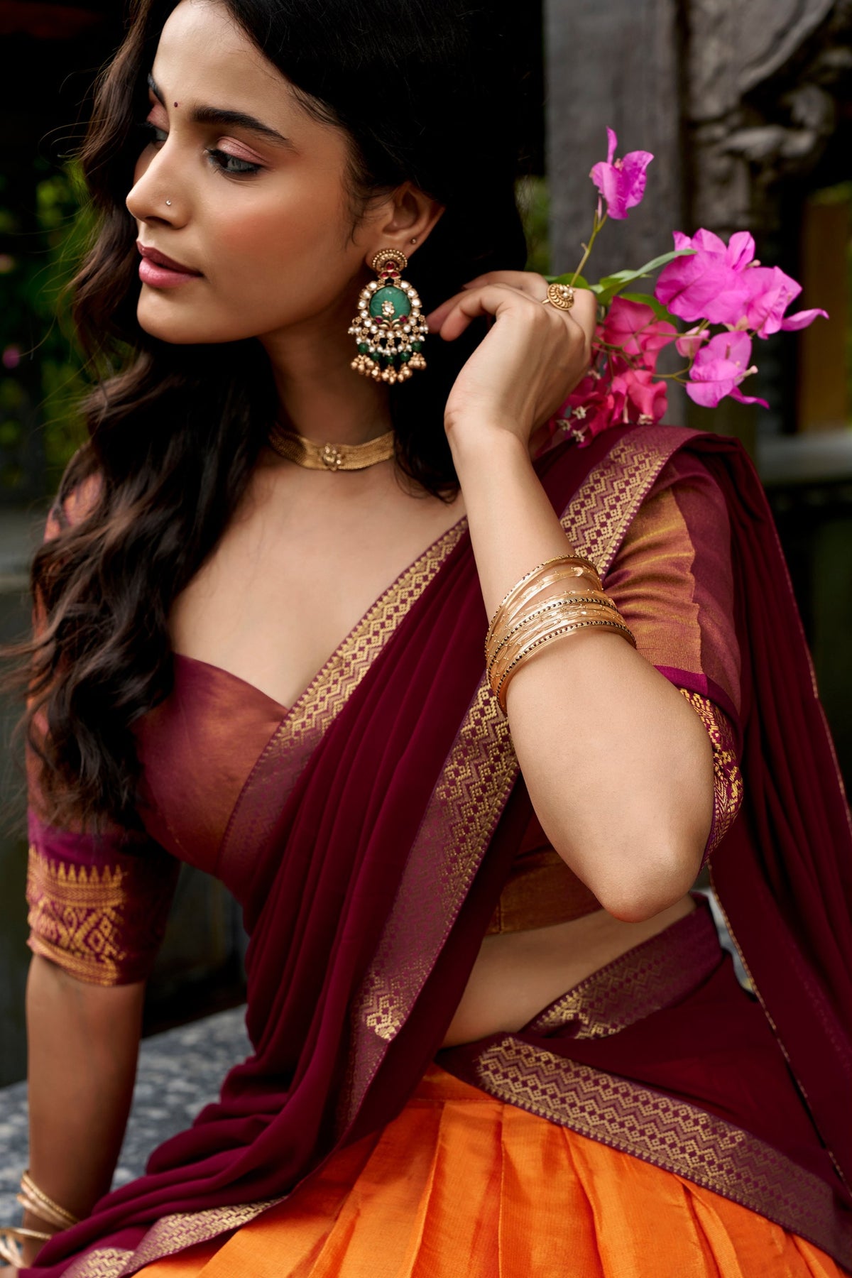 Captivating Orange and Maroon Kanchipuram Silk Designer Lehenga Choli with Gold Zari Weaving Work