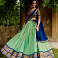 Elegant Mint Green and Royal Blue Kanchipuram Silk Designer Lehenga Choli with Gold Zari Weaving Work