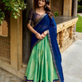 Elegant Mint Green and Royal Blue Kanchipuram Silk Designer Lehenga Choli with Gold Zari Weaving Work