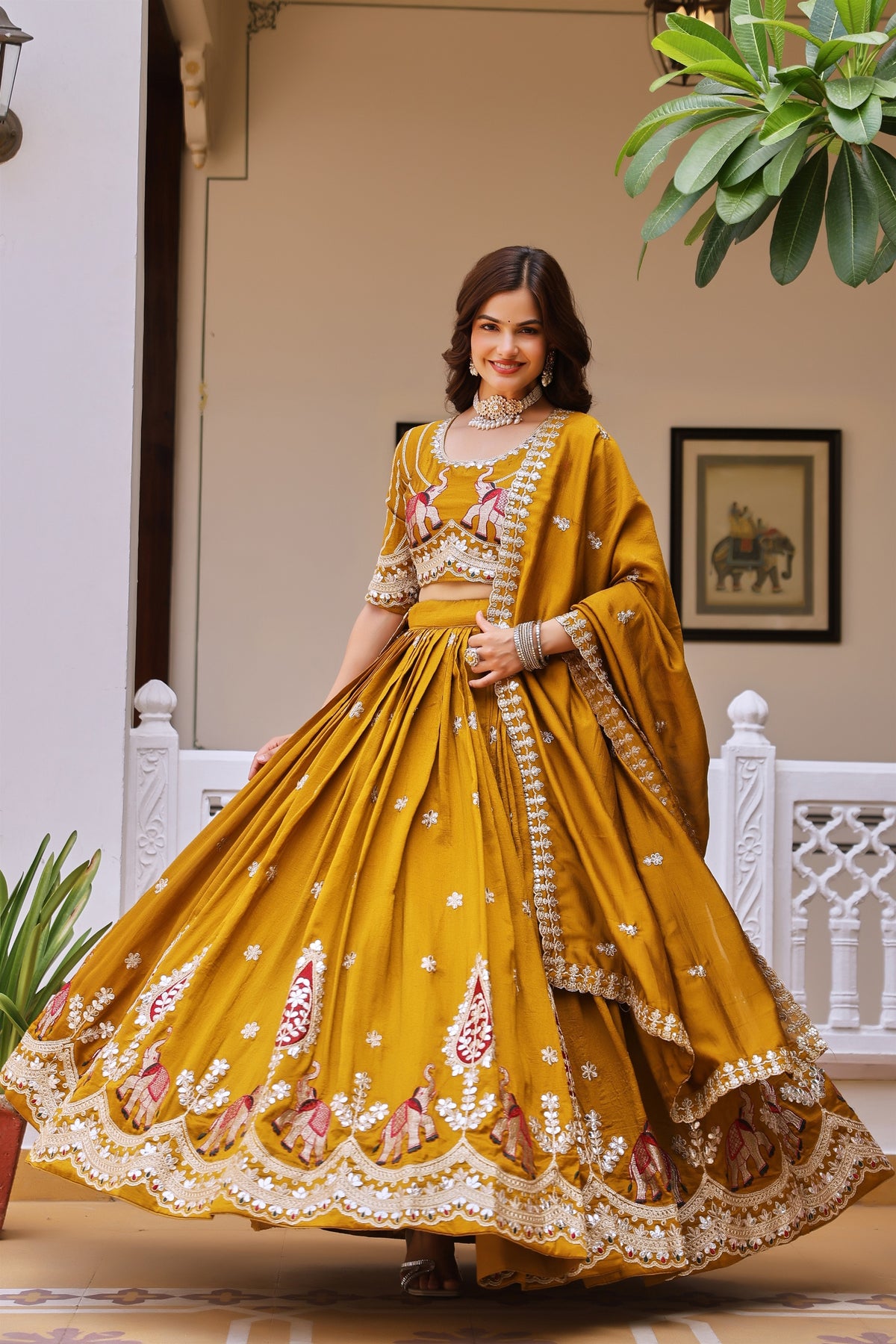 Regal Mustard Yellow Vichitra Silk Designer Lehenga Choli with Elephant Embroidery
