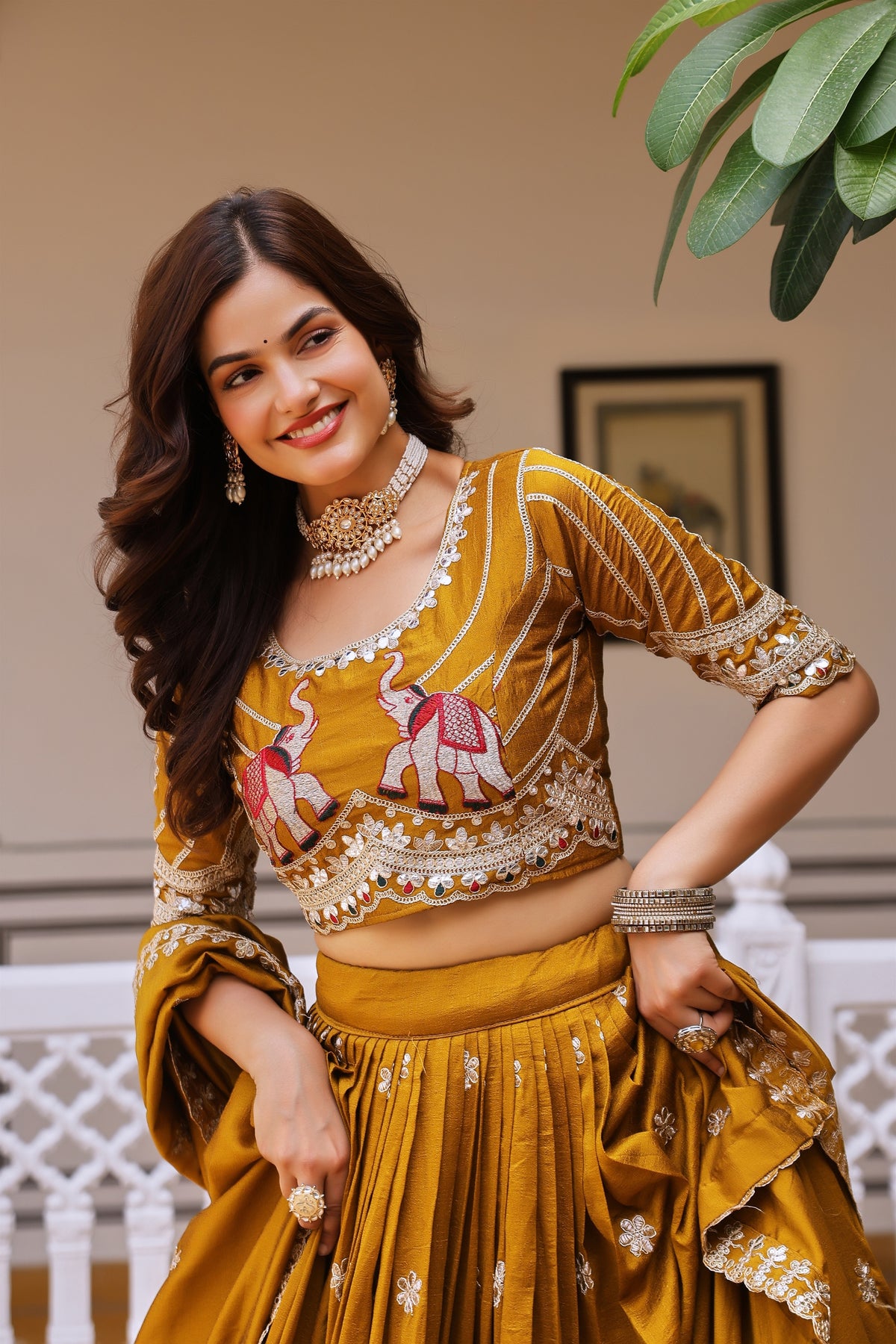 Regal Mustard Yellow Vichitra Silk Designer Lehenga Choli with Elephant Embroidery