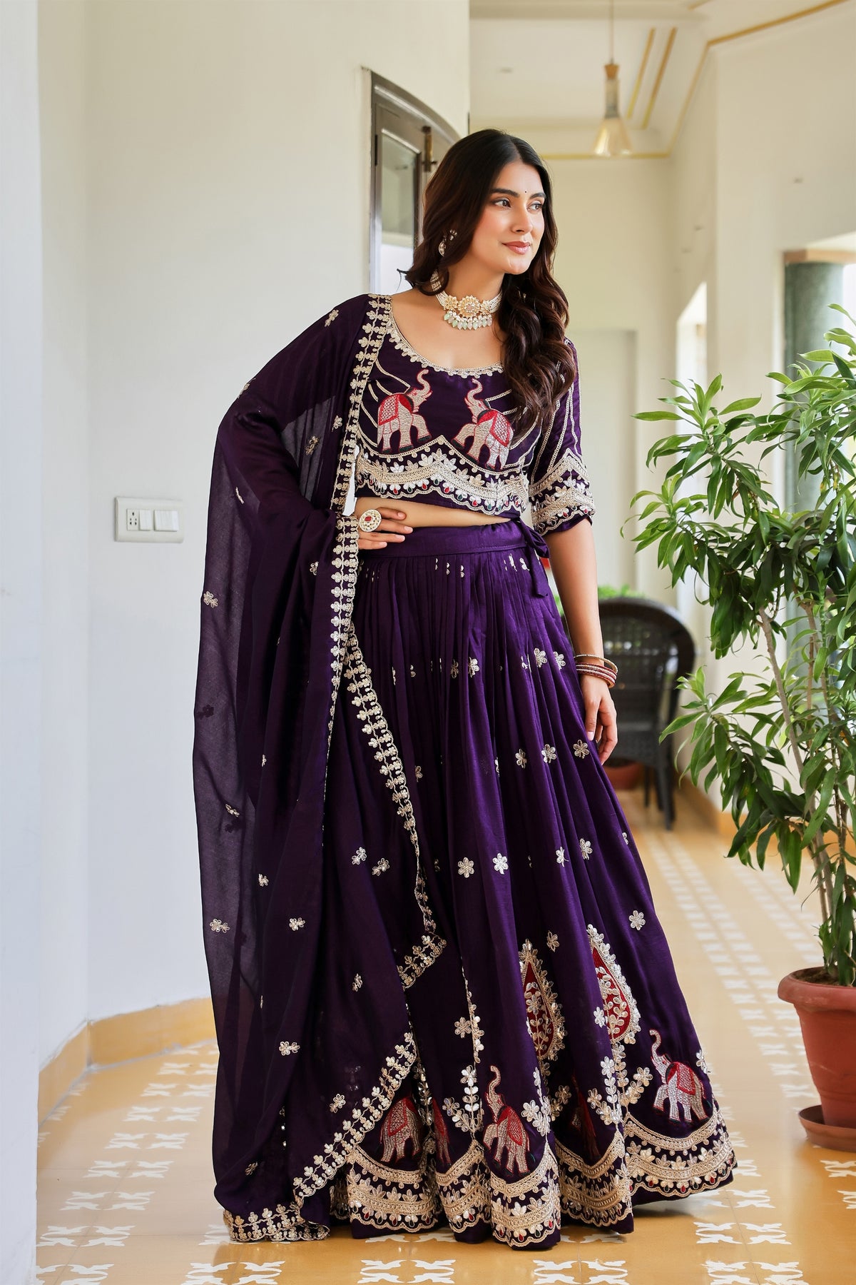 Majestic Dark Purple Vichitra Silk Designer Lehenga Choli with Elephant Embroidery