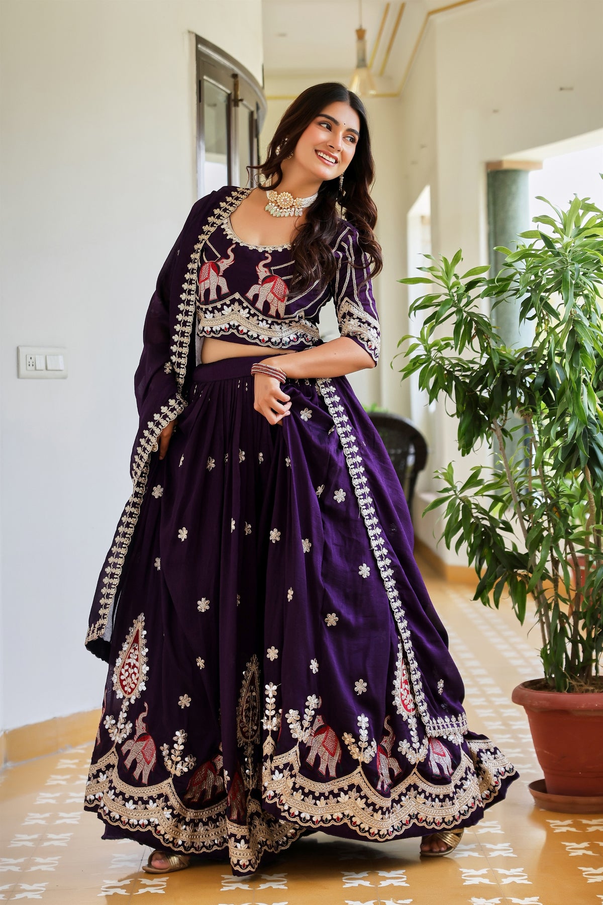 Majestic Dark Purple Vichitra Silk Designer Lehenga Choli with Elephant Embroidery