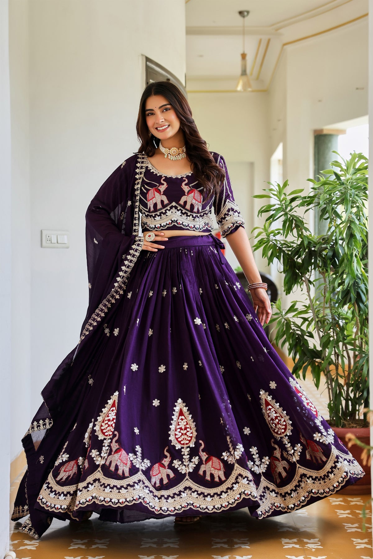 Majestic Dark Purple Vichitra Silk Designer Lehenga Choli with Elephant Embroidery