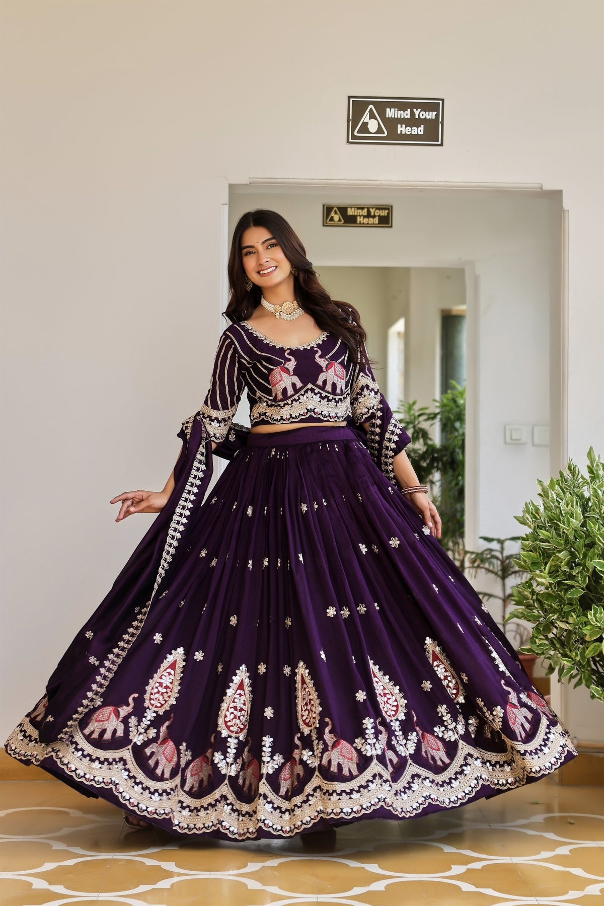 Majestic Dark Purple Vichitra Silk Designer Lehenga Choli with Elephant Embroidery