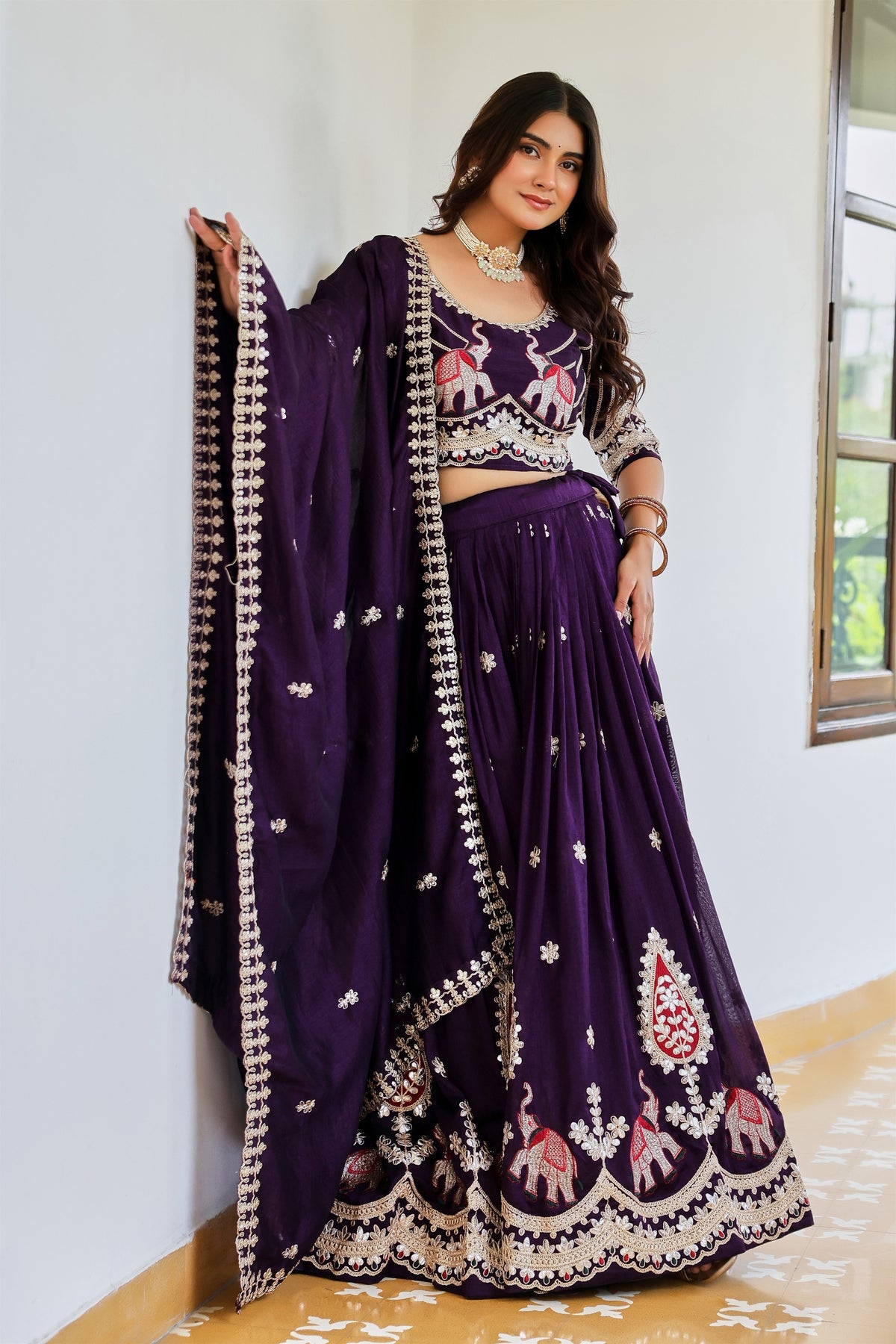 Majestic Dark Purple Vichitra Silk Designer Lehenga Choli with Elephant Embroidery