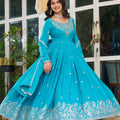 Exquisite Sky Blue American Silk Embroidered Designer Anarkali Suit for Women