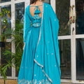 Exquisite Sky Blue American Silk Embroidered Designer Anarkali Suit for Women