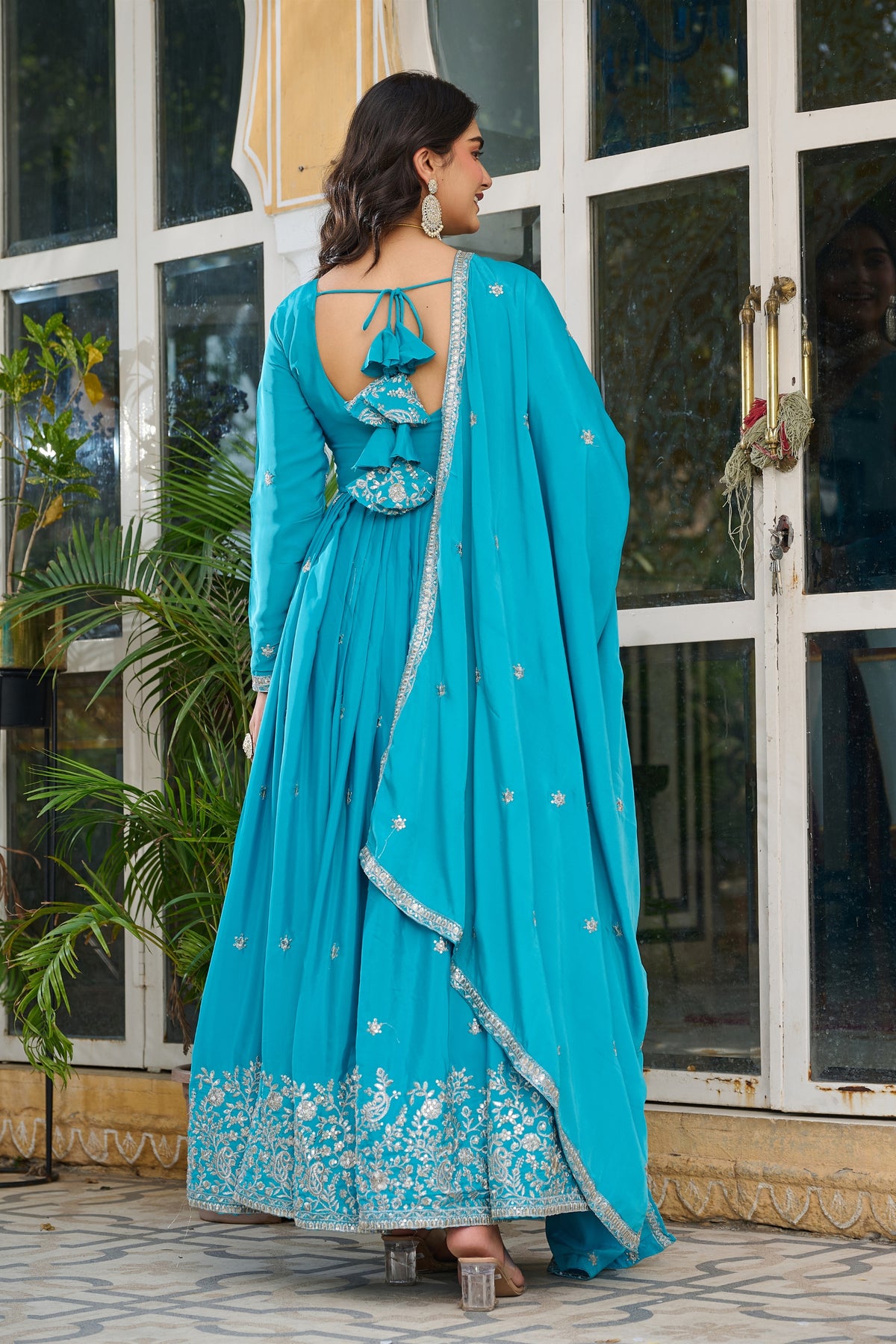 Exquisite Sky Blue American Silk Embroidered Designer Anarkali Suit for Women