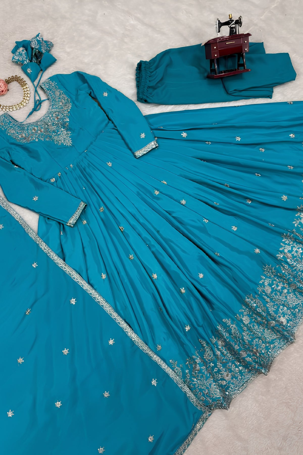 Exquisite Sky Blue American Silk Embroidered Designer Anarkali Suit for Women