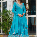 Exquisite Sky Blue American Silk Embroidered Designer Anarkali Suit for Women