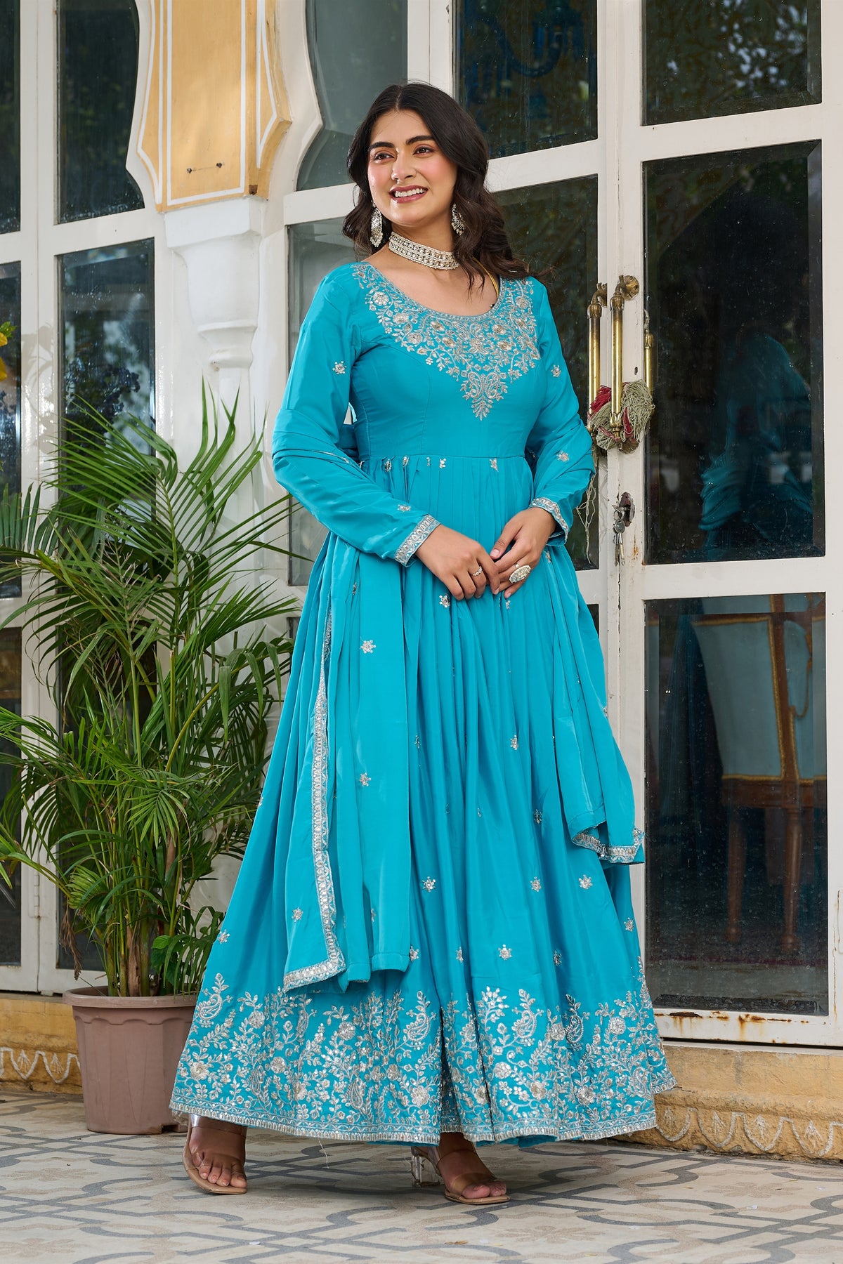 Exquisite Sky Blue American Silk Embroidered Designer Anarkali Suit for Women