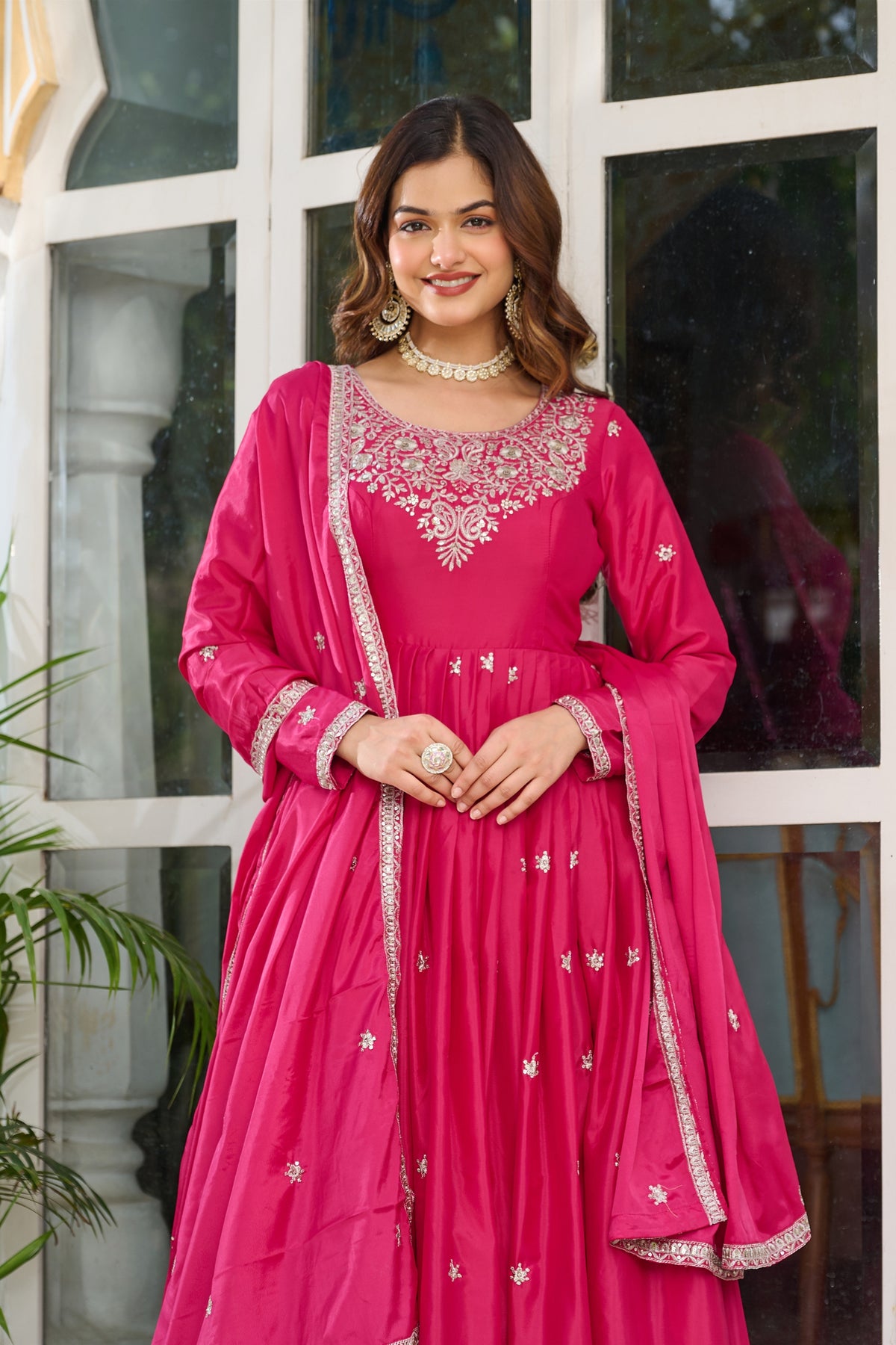 Captivating Rani Pink American Silk Embroidered Designer Anarkali Suit with Dupatta for Women