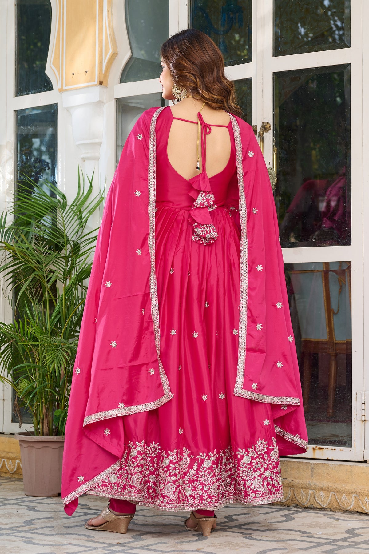 Captivating Rani Pink American Silk Embroidered Designer Anarkali Suit with Dupatta for Women