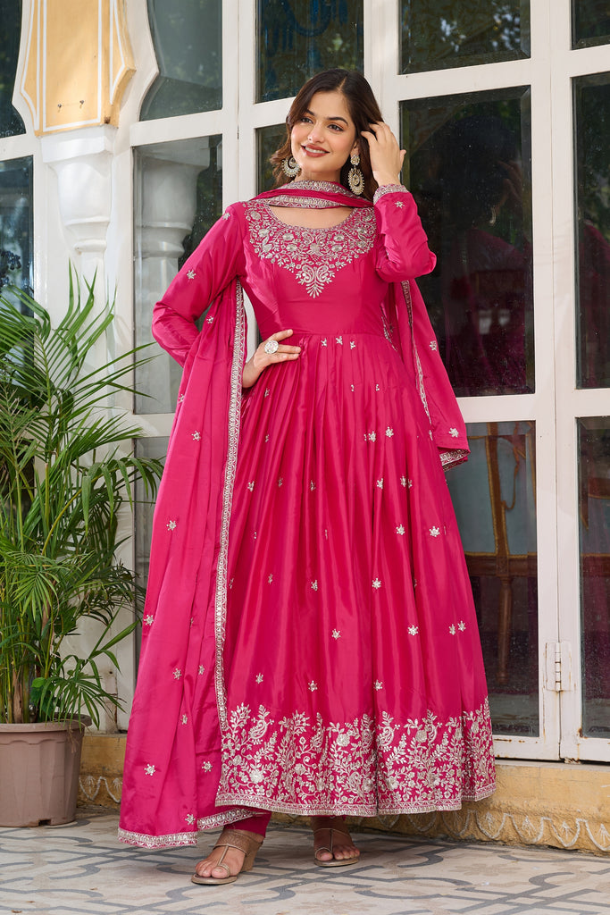 Captivating Rani Pink American Silk Embroidered Designer Anarkali Suit with Dupatta for Women