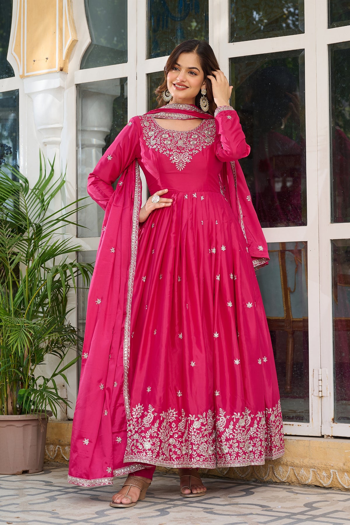 Captivating Rani Pink American Silk Embroidered Designer Anarkali Suit with Dupatta for Women