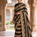 Elegant Black Salsa Silk Saree Golden Embroidery Work and Cutwork Border for Women
