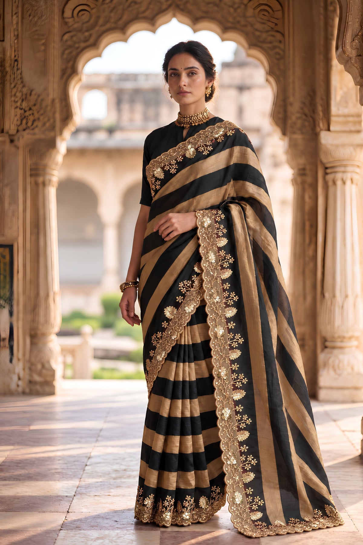 Elegant Black Salsa Silk Saree Golden Embroidery Work and Cutwork Border for Women