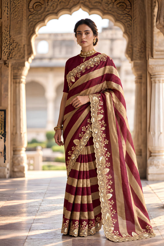 Regal Maroon Salsa Silk Designer Saree Embroidery Work and Cutwork Border for Women