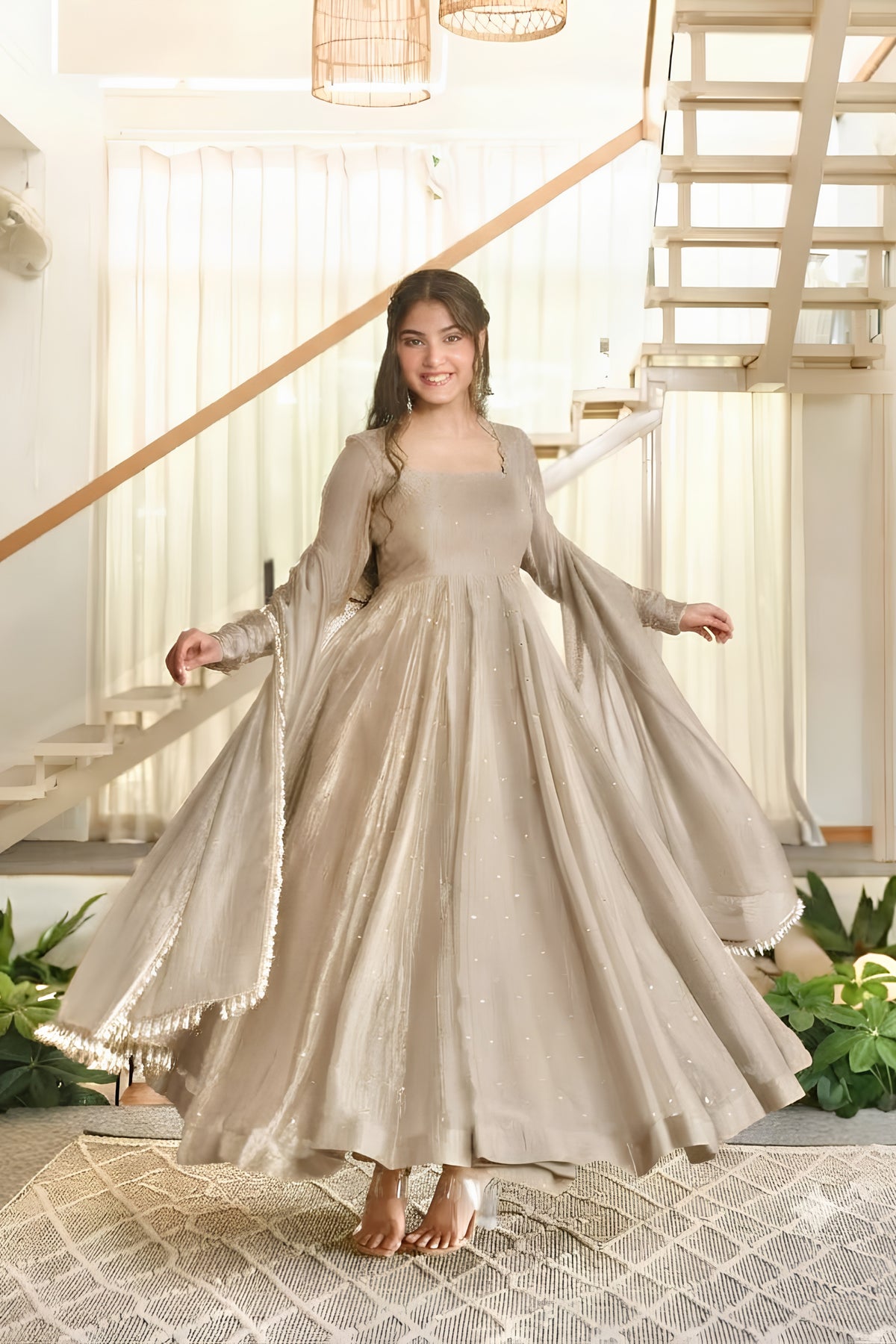 Elegant Beige Salsa Silk Designer Anarkali Suit with Crush Work and Dupatta for Women