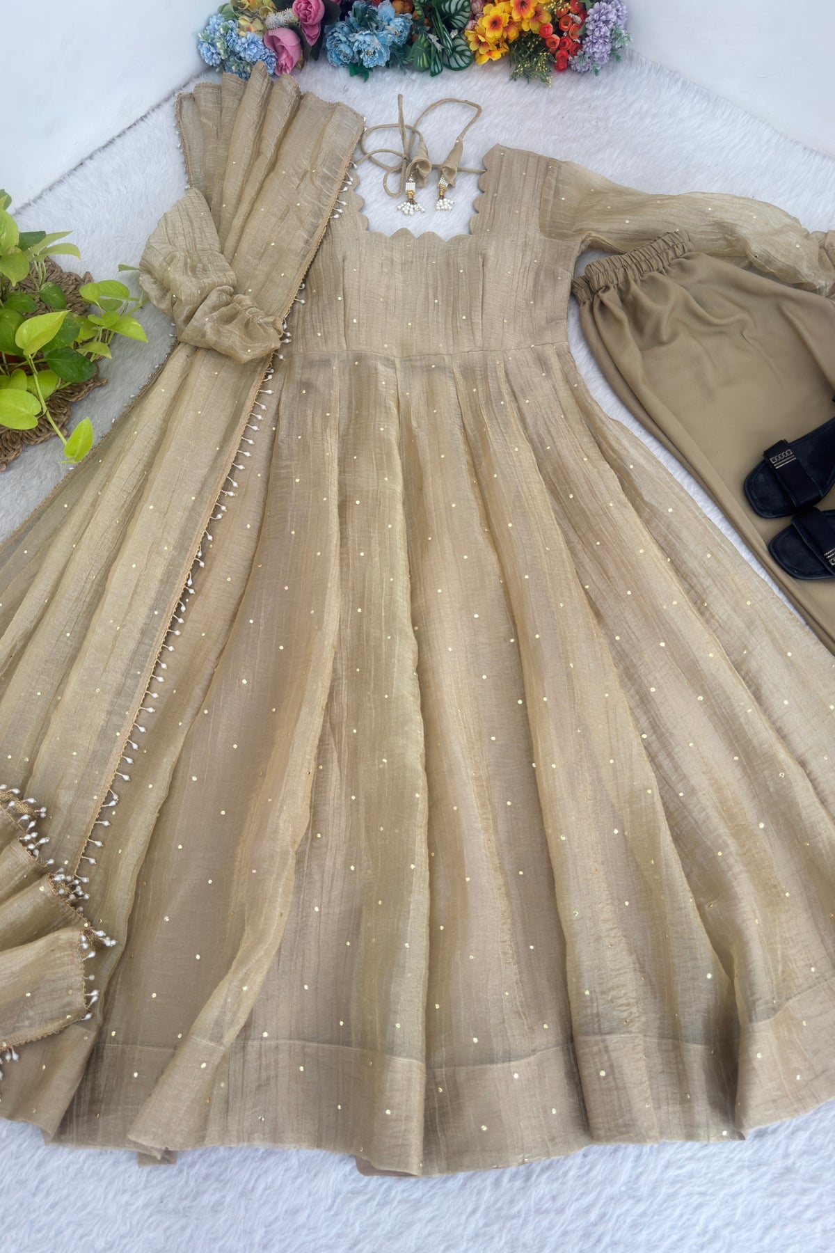 Elegant Beige Salsa Silk Designer Anarkali Suit with Crush Work and Dupatta for Women