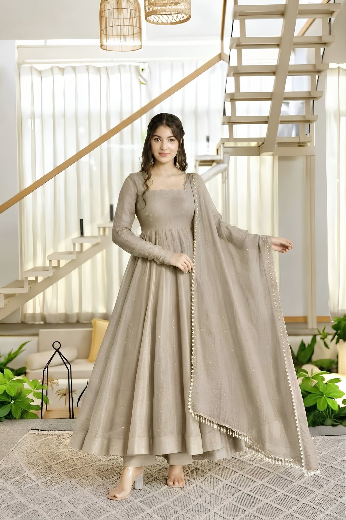 Elegant Beige Salsa Silk Designer Anarkali Suit with Crush Work and Dupatta for Women