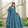 Captivating Teal Blue Salsa Silk Designer Anarkali Suit with Crush Work and Dupatta for Women