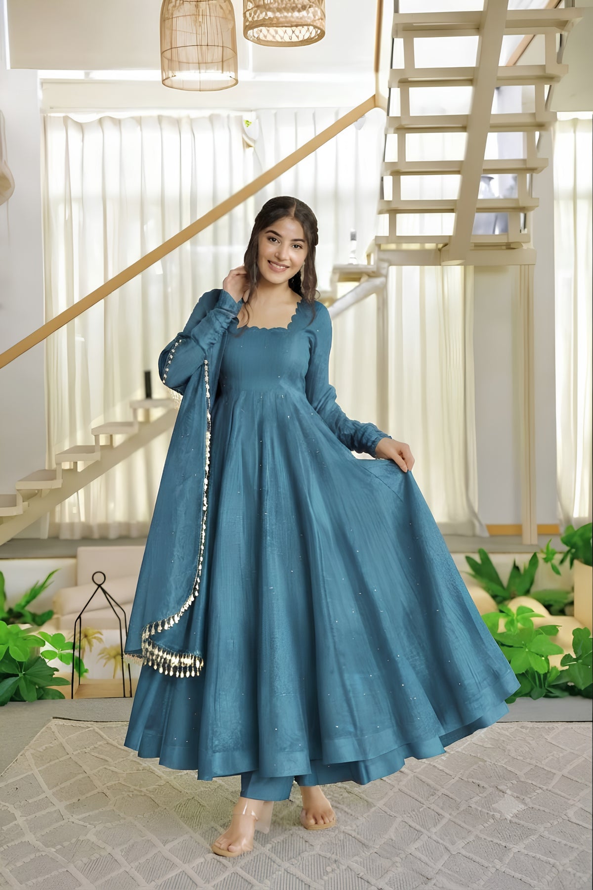 Captivating Teal Blue Salsa Silk Designer Anarkali Suit with Crush Work and Dupatta for Women