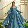 Captivating Teal Blue Salsa Silk Designer Anarkali Suit with Crush Work and Dupatta for Women