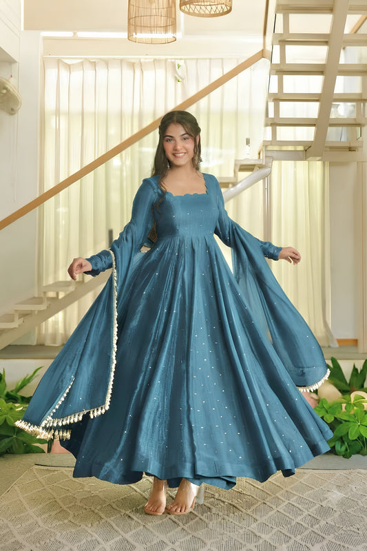 Captivating Teal Blue Salsa Silk Designer Anarkali Suit with Crush Work and Dupatta for Women