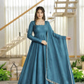 Captivating Teal Blue Salsa Silk Designer Anarkali Suit with Crush Work and Dupatta for Women