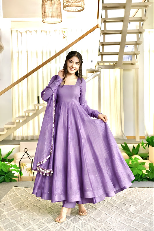 Mesmerizing Lavender Salsa Silk Designer Anarkali Suit with Crush Work and Dupatta for Women